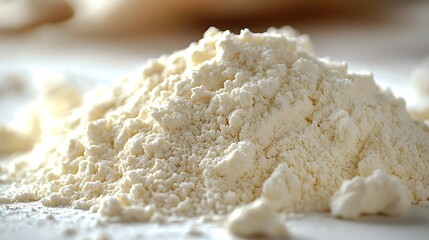 A close up photo of a pile of light and fluffy all purpose flour for baking