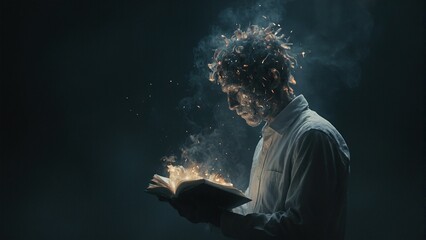 Discover the enchanting world of imagination with a surreal figure reading a self illuminating book of thoughts in the darkness