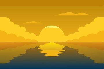 Golden Sky Reflection on Calm Ocean Surface 4K Vector Illustration Background