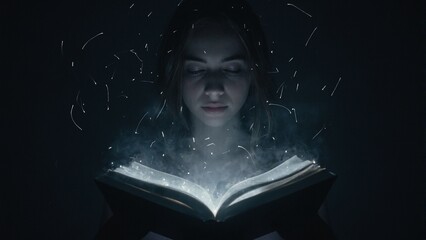 Discover the enchanting world of imagination with a surreal figure reading a self illuminating book of thoughts in the darkness