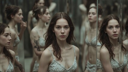 Obraz premium Woman reflecting in mirrors displaying various emotions contrasting her serene demeanor Experience multi faceted feelings in one image
