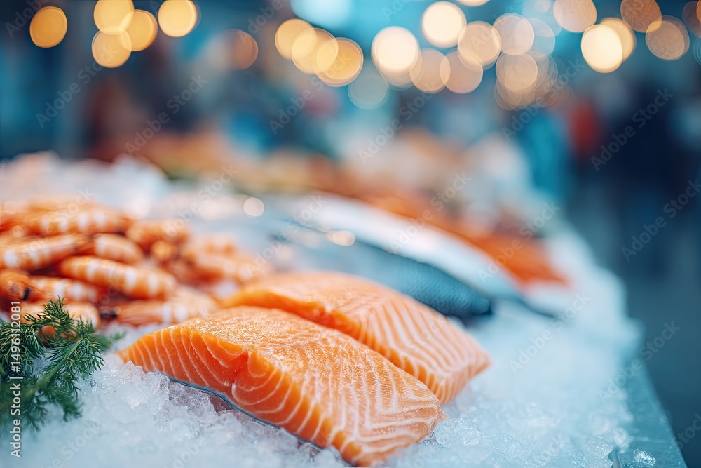 Poster minimalistic seafood display elegantly arranged with variety of fresh fish shrimp and shellfish on i