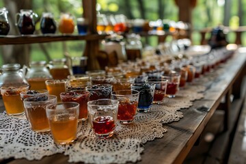 A long table displaying many small glasses filled with colorful liquids and fruit preserves