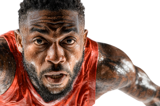 Closeup portrait of a sweaty athlete in action