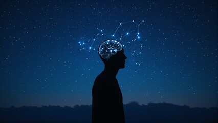 Fototapeta premium Mysterious figure with glowing brain of constellations standing under starry sky Perfect for innovation and creativity concepts