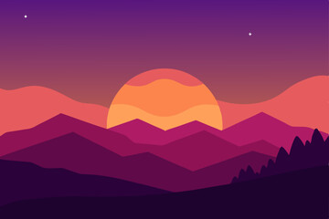 Obraz premium Evening Sun Golden Hour Over Valley Wallpaper Vector Illustration Background