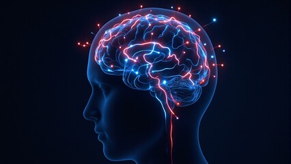 Obraz premium Explore inner struggles and memories with this unique image of a persons illuminated skull displaying neon pathways of individual traumas