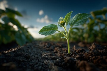 Young sunflower seedling emerges in cultivated field, showing early growth stages and agricultural potential with a blurred background.