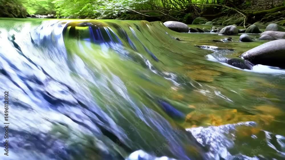 Poster tranquil forest stream cascading gently over rocks, with lush green trees and sunlight creating a pe