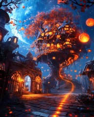 A mystical night scene of a treehouse village with glowing lights. The houses are nestled within the branches of a large tree, with a starry sky and moon overhead