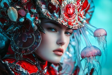 A woman adorned with elaborate headwear and jellyfish. The woman stares straight into the camera with confidence