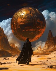 A lone figure facing a giant golden sphere in a desert landscape under a cloudy sky. The image evokes a sense of awe, mystery, and contemplation.