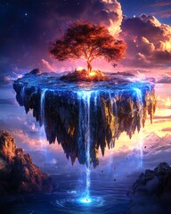 A fantasy image of a floating island with a tree and a waterfall