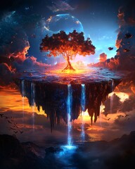 A stunning tree glows atop a floating island, with waterfalls cascading into a mystical realm. The image is set against a beautiful sunset sky with planets and clouds.