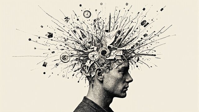 Surreal concept of a head filled with chaotic scribbles clocks and torn paper symbolizing the intensity of creative overwhelm