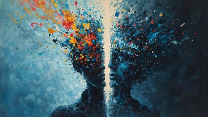 Obraz premium Conceptual image of a person divided in two halves one bright and serene the other dark and fragmented representing mental health duality