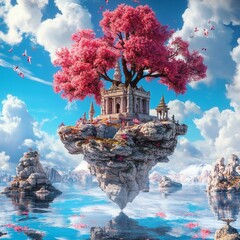 A fantasy floating island with a temple and a blooming cherry tree, with a scenic blue sky and serene water reflection. 