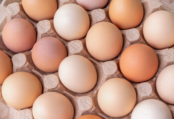fresh, raw chicken eggs placed in a cardboard box showing their natural brown color variations, dietary product concept,