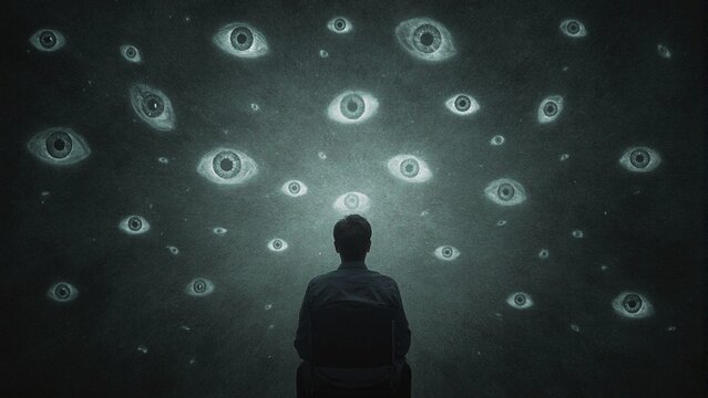 Illustration of a person with glowing eyes hovering above expressing paranoia Perfect for concepts of mental health or anxiety