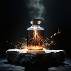 A mysterious and intriguing image of a glass bottle emitting smoke, set on a stone