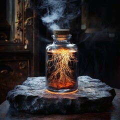 A mysterious and intriguing image of a glass bottle emitting smoke, set on a stone