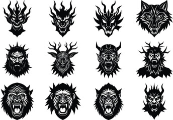 Animal Face Vector Silhouette Bundle – Lion, Wolf, Shark, and Fish Mask Design Set.