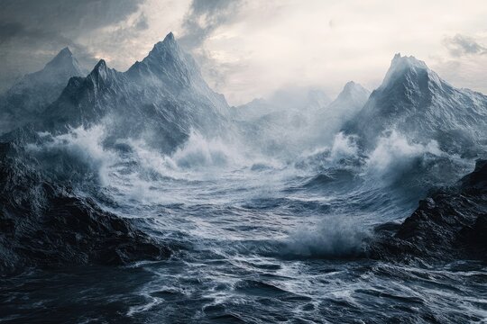 Dramatic image of powerful waves crashing against a misty mountain range, creating a breathtaking, stormy seascape.
