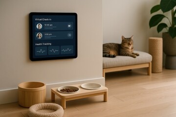 Smart home scene with digital dashboard, bowls, and a cat lounging.