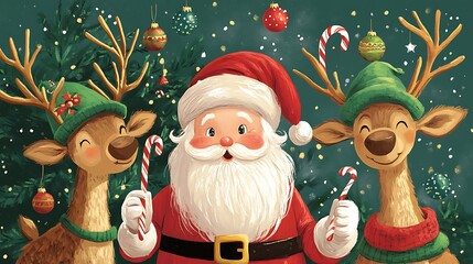 Santa claus and reindeer in a festive scene.
