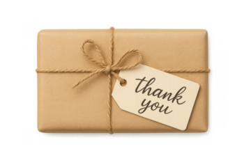Handcrafted paper gift box wrapped with rustic twine, featuring minimalist thank you tag against clean transparent backdrop