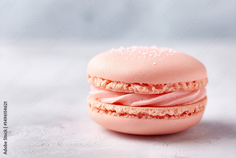 Poster single elegant macaron rests on pristine white surface surrounded by generous copy space