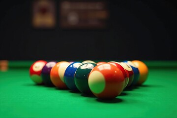 Rack of football billiard balls set for break, green felt , sports themed, pool table, american football themed