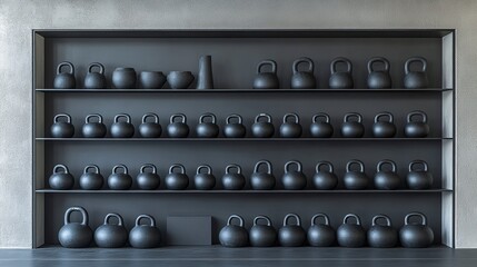 Kettlebells organized neatly on shelves in a modern gym setting for effective workout routines