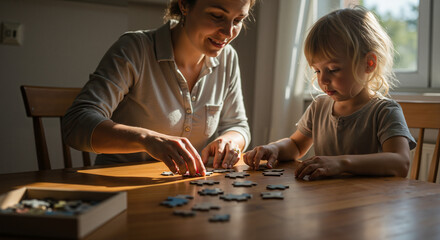 Fototapeta premium Mother and daughter playing with puzzle pieces at home during daylight 