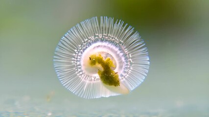 Microscopic view of Rotifer animalcule swimming in the water, with bright, translucent filaments around the circular body
