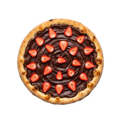 Chocolate Pizza with Strawberry Pieces, Top View – Transparent Background
