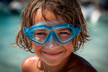 Summer arrives, a happy 8-year-old boy on the beach. Diving goggles. Water goggles.