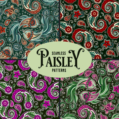 Paisley Vintage Pattern Set Batik Koi Fish Motif Floral Swirls And Ornament Details In A Decorative Indian Boho Style