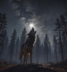 Lone wolf howls under a star-filled sky, desolate forest ,  woods,  mystical,  dark