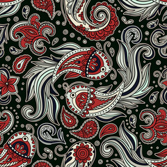 Paisley Vintage Pattern Batik Koi Fish Motif Floral Swirls And Ornament Details In A Decorative Indian Boho Vector