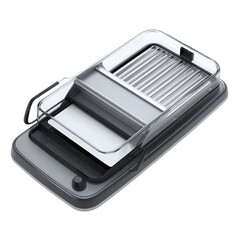 A gray and silver kitchen tool with a clear plastic guard on a black background in a studio shot