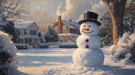 Obraz premium A winter scene with a snowman in a snow-covered residential area.