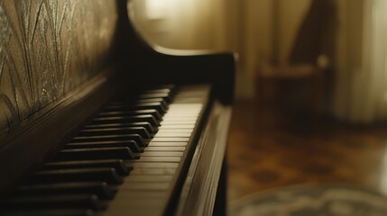 Closeup view of vintage piano keys in a room.