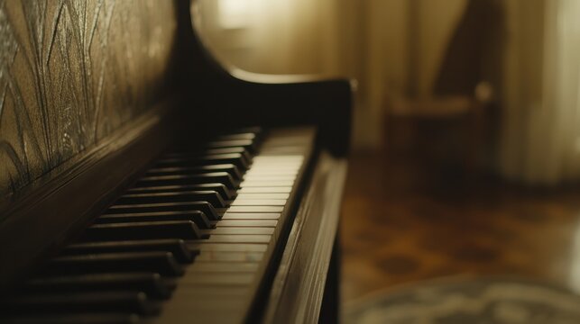 Closeup view of vintage piano keys in a room.