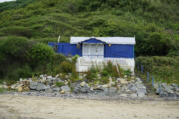 blue and white beach hut