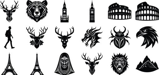 Vector Tribal Animal Face Silhouette Bundle – Lion, Snake, Shark, Eagle & Fish Mask Set.