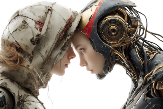 Humanoid Robot and Woman Facing Each Other