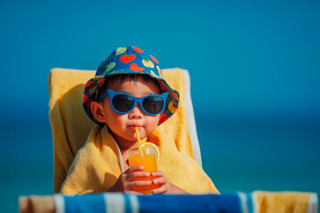 Asian boy on the beach. Blue sunglasses. Hat. Sitting on a yellow chair and drinking a fruit cocktail. Feeling of well-being, relaxation, happiness.
