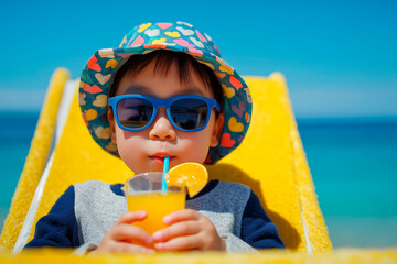 Asian boy on the beach. Blue sunglasses. Hat. Sitting on a yellow chair and drinking a fruit cocktail. Feeling of well-being, relaxation, happiness.