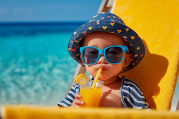 Asian boy on the beach. Blue sunglasses. Hat. Sitting on a yellow chair and drinking a fruit cocktail. Feeling of well-being, relaxation, happiness.